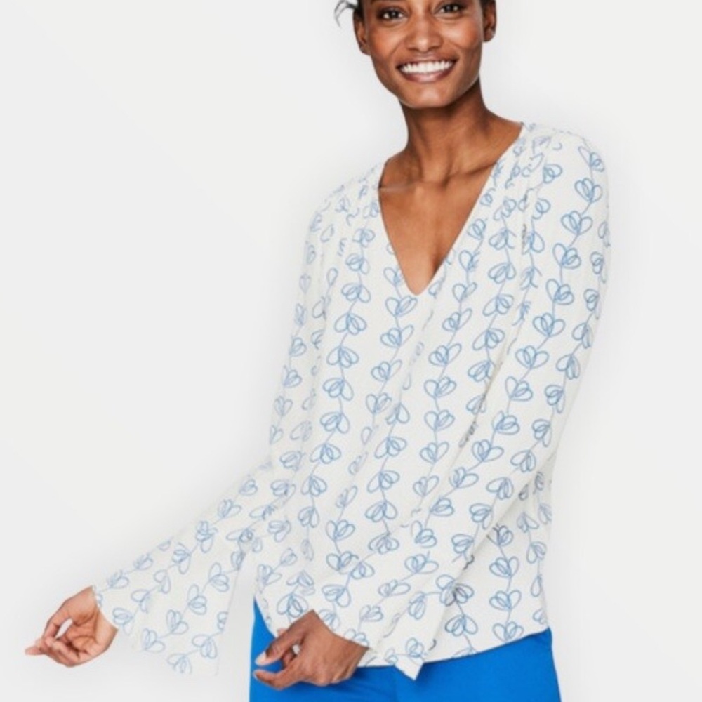 Boden Victoria White and Blue Climbing Vines Bell Sleeve Blouse US 12